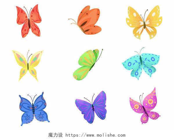 各种颜色花蝴蝶卡通PNG素材